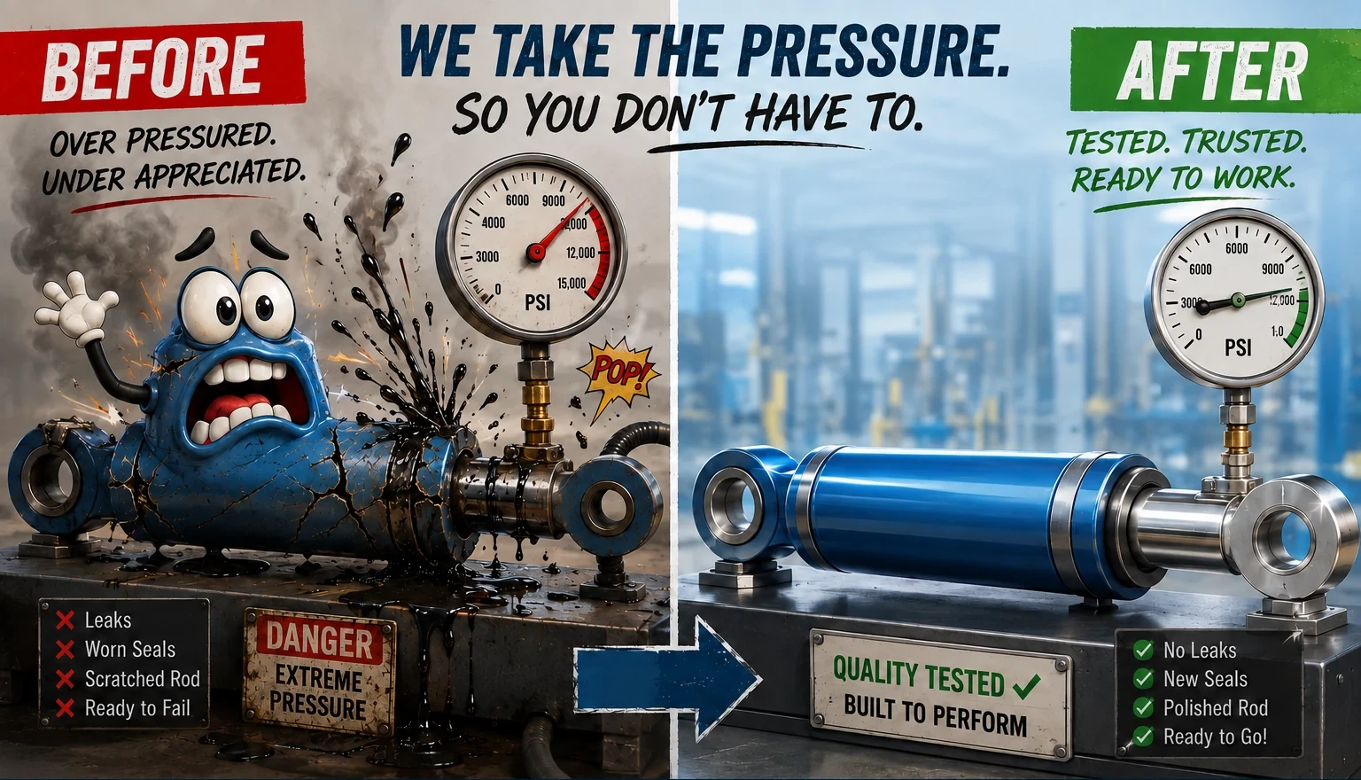 Funny before-and-after hydraulic ram showing a leaking over-pressured cylinder restored, pressure-tested and ready to work